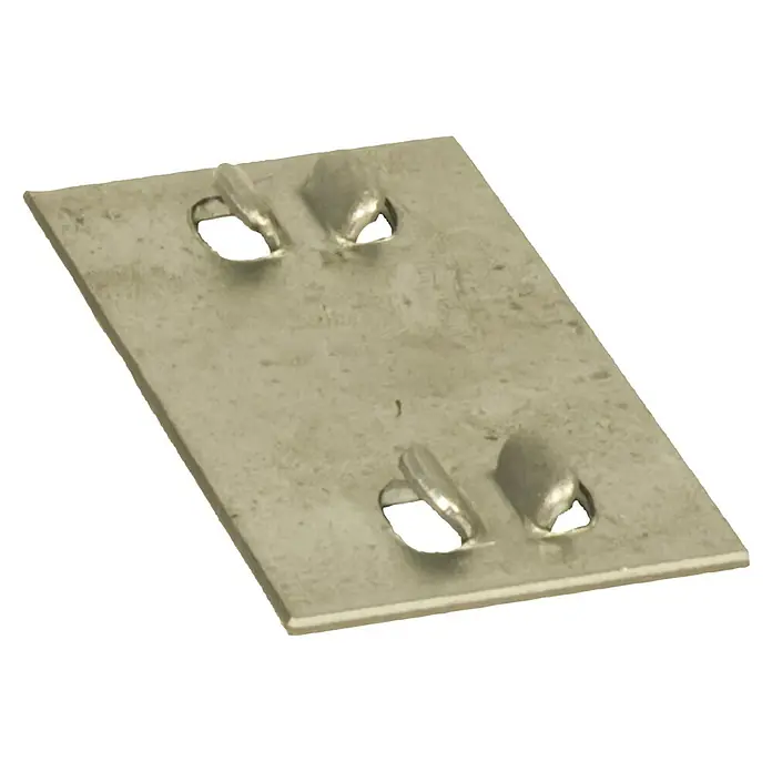 Simonrack Pletina de ensamblaje - L x An: 8,5 x 5,2 cm, 1 ud. - Una placa metálica plateada con dos pares de elementos de fijación, ideal para aplicaciones industriales.