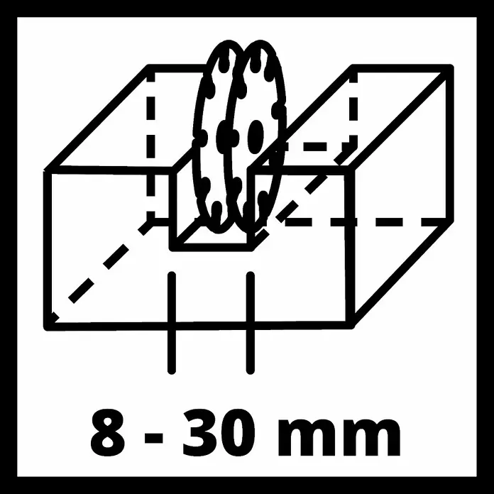 Einhell Rozadora TE-MA 1500 - 1.500 W, Diámetro disco: 125 mm - Ilustración de una junta de madera, que indica un rango de grosor recomendado de 8-30 mm para óptimos resultados.