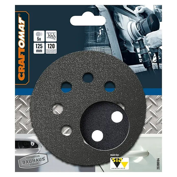 Craftomat Schleifblätter BFCC - Durchmesser: 125 mm, Körnung: 120, Gelocht - Das Bild zeigt Schleifscheiben von Craftomat, ideal zum Schleifen von Oberflächen. Die Scheiben sind 125 mm groß und im 5er-Pack erhältlich.
