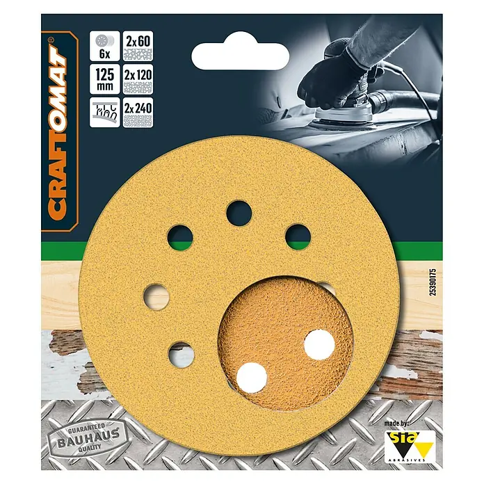 Craftomat Schleifblätter-Set BFWP - Durchmesser: 125 mm, 6 Stk., Gelocht - Schleifscheiben-Set von Craftomat mit verschiedenen Körnungen (60, 120, 240) und einem Durchmesser von 125 mm für Schleifarbeiten.