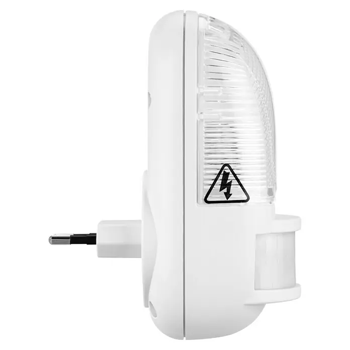 LED-Nachtlicht mit Bewegungsmelder - L x B x H: 62 x 60 x 135 mm, Warmweiß - Weißes, rechteckiges, elektrisches Nachtlicht mit Bewegungsmelder und Warnhinweis auf einem schwarzen, dreieckigen Aufkleber.