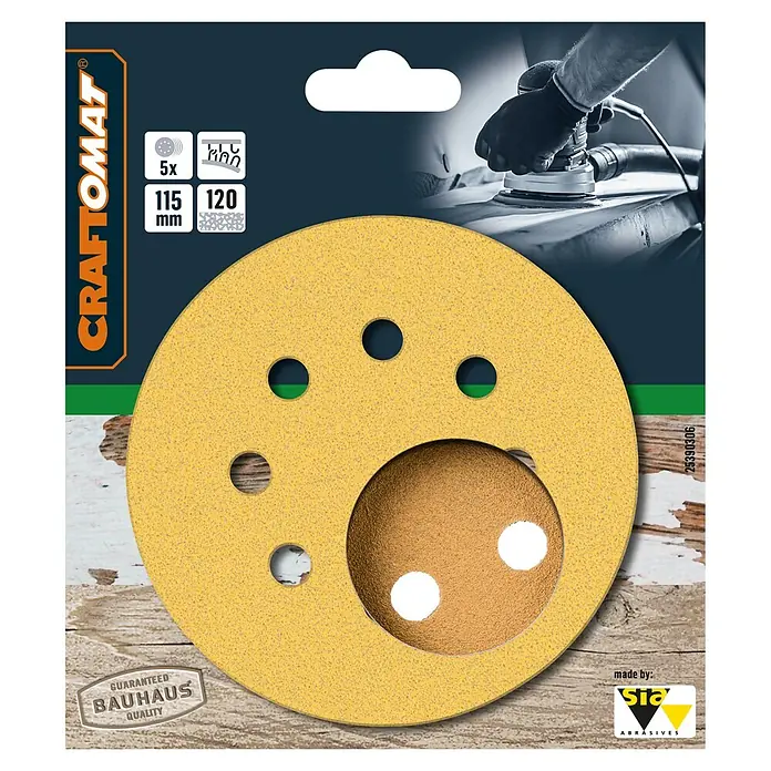 Craftomat Schleifblätter BFWP - Durchmesser: 115 mm, Körnung: 120, Gelocht - Abbildung einer Packung CRAFTOMAT Schleifscheiben mit 5 Stück, Durchmesser 115/120 mm, ideal für Schleifarbeiten.