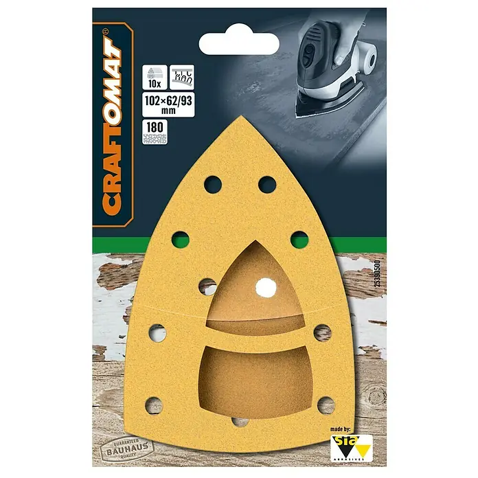 Craftomat Schleifblätter BFWP - L x B: 102 x 62 mm, Körnung: 180, 10 Stk. - Dreieckige Schleifpapierverpackung von Craftomat, 10 Stück, Körnung 180, für Schleifarbeiten mit hoher Qualität und präzisen Ergebnissen.