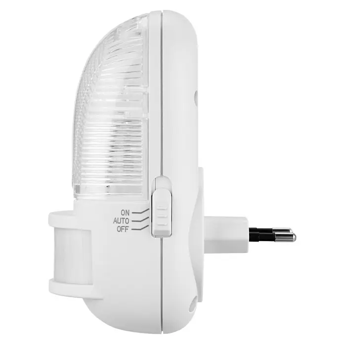 LED-Nachtlicht mit Bewegungsmelder - L x B x H: 62 x 60 x 135 mm, Warmweiß - Bild einer weißen LED-Nachtlampe mit Bewegungsmelder und einstellbaren Betriebsmodi (Ein/Auto/Aus).