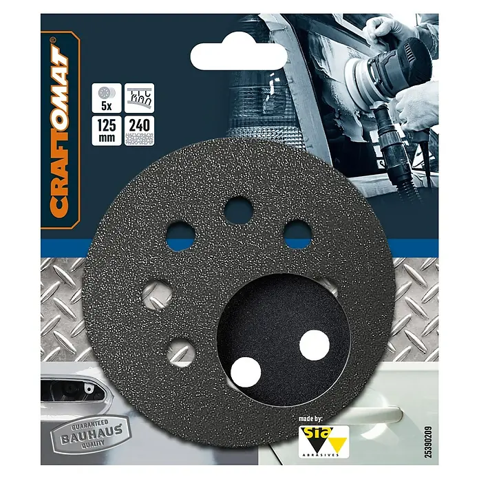 Craftomat Schleifblätter BFCC - Durchmesser: 125 mm, Körnung: 240, Gelocht - Abbildung eines CRAFTOMAT Schleifpapiers, 5 Stück, 125 mm Durchmesser, Körnung 240, für eine effiziente Oberflächenbearbeitung.