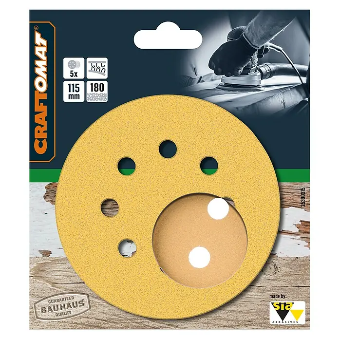 Craftomat Schleifblätter BFWP - Durchmesser: 115 mm, Körnung: 180, Gelocht - Ein Set gelber Schleifscheiben von CRAFTOMAT, ideal für Schleifarbeiten. Bauhaus Qualität garantiert, hergestellt von Sia Abrasives.