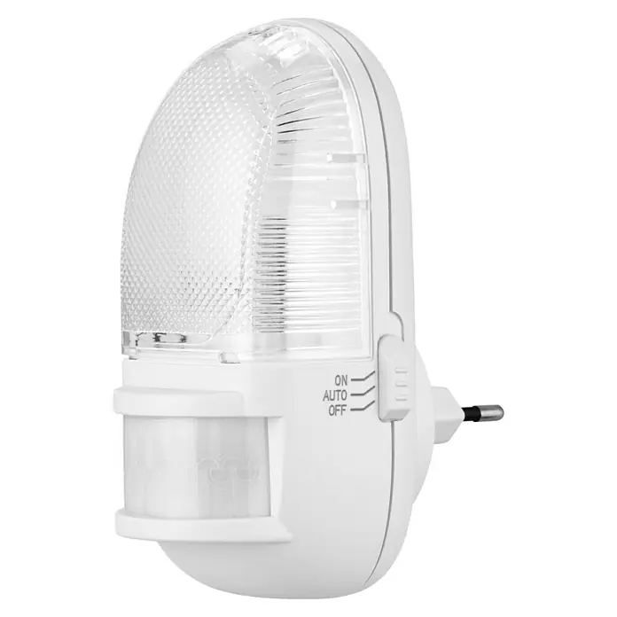 LED-Nachtlicht mit Bewegungsmelder - L x B x H: 62 x 60 x 135 mm, Warmweiß - Nahaufnahme eines weißen LED-Nachtlichts mit Bewegungsmelder und Schalter für Ein, Aus und Automatik.