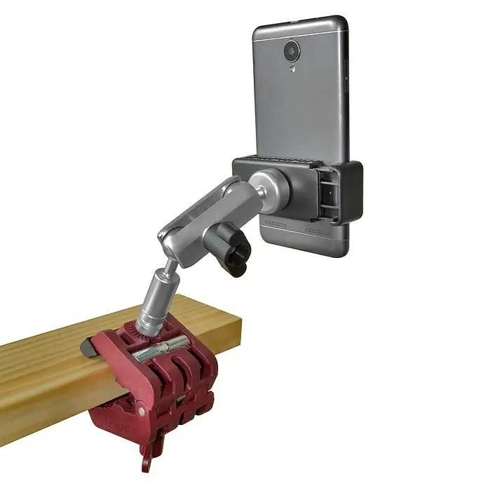 Piher Soporte para teléfono móvil 34056 - 3,5 " - 4,7 " - Soporte de teléfono con pinza fijado a una viga de madera, versátil para fotos y vídeos.