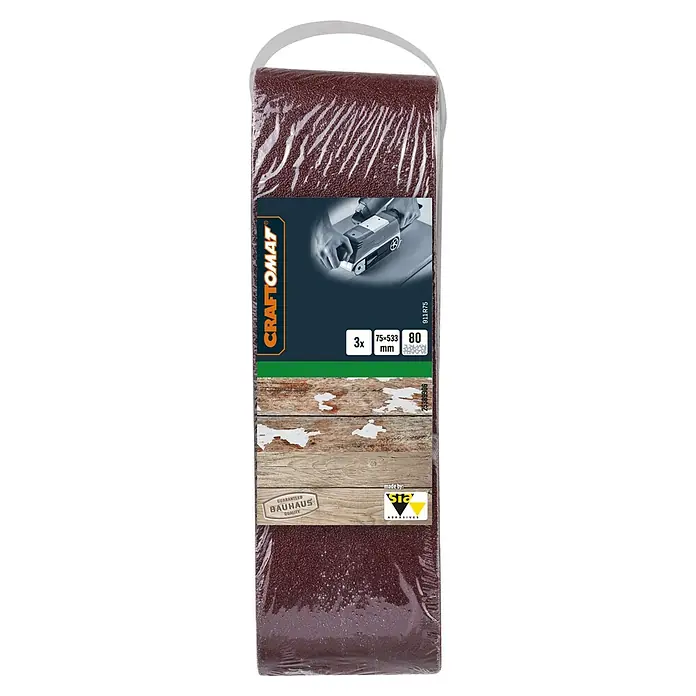 Craftomat Schleifband BFWP - L x B: 533 x 75 mm, Körnung: 80, 3 Stk. - Verpackung von Craftomat Schleifbändern, Körnung 80, Größe 75x533mm, 3 Stück, ideal zum Schleifen von Holzoberflächen, mit Bauhaus Qualitätsgarantie.