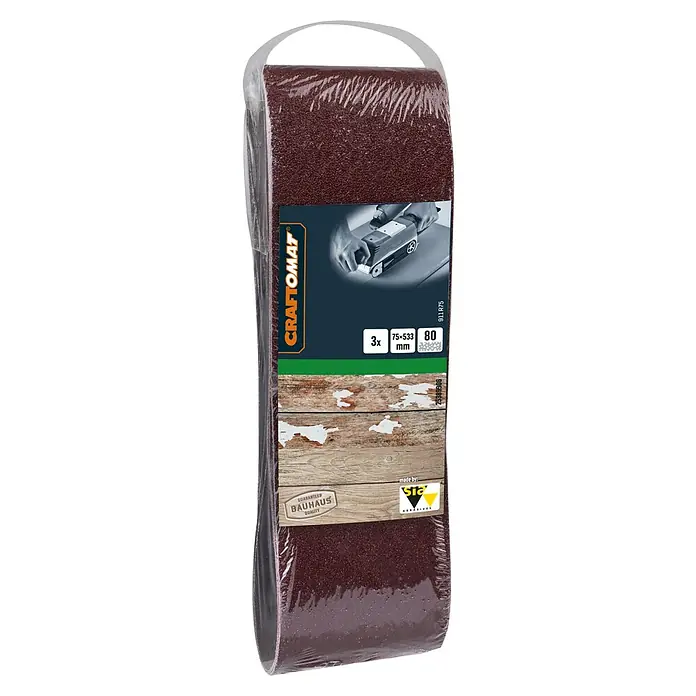 Craftomat Schleifband BFWP - L x B: 533 x 75 mm, Körnung: 80, 3 Stk. - Abbildung von Craftomat Schleifbändern, Körnung 80, ideal für Holz- und Metallbearbeitung, verpackt im transparenten Kunststoff.