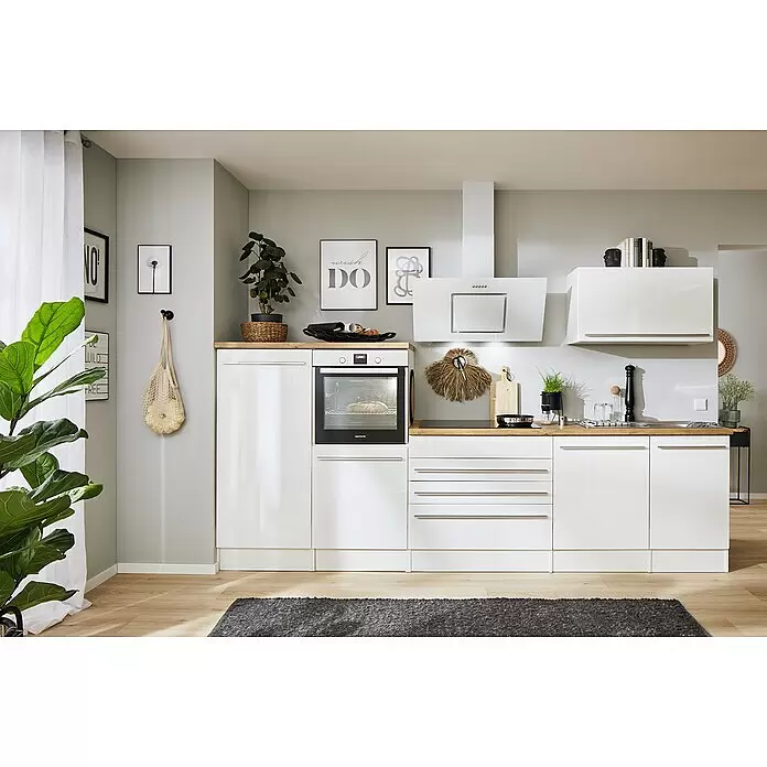 Respekta Premium Composición de cocina Gabriel - Ancho: 320 cm, Blanco, Con electrodomésticos - Cocina moderna blanca con encimeras de madera, horno y placa de cocción integrados. Diseño elegante.