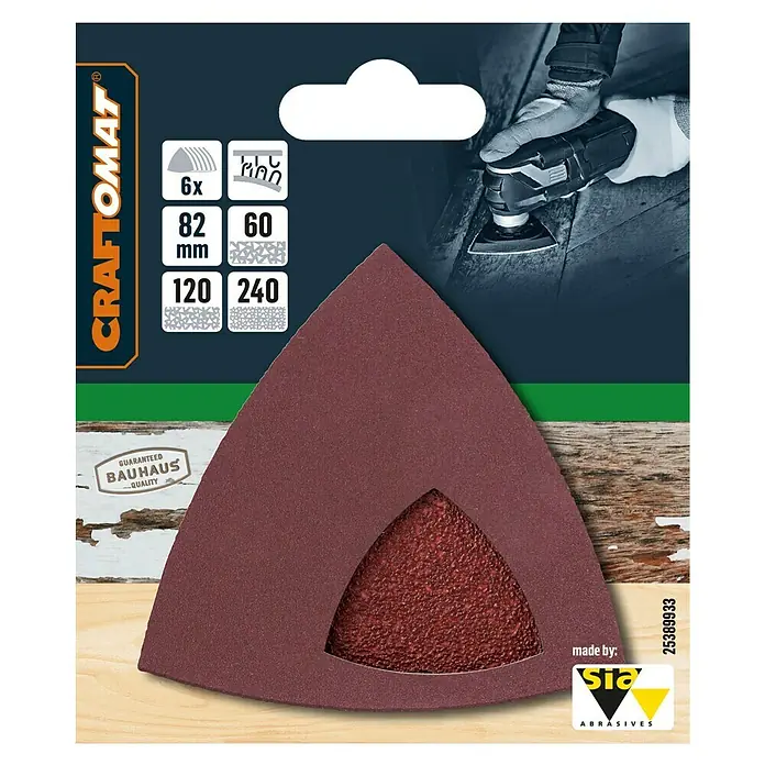 Craftomat Delta-Schleifpapier BFWP - L x B: 82 x 82 mm, 60 - 240, 6 Stk. - Abbildung eines Craftomat Schleifpapiersets, ideal für Multischleifer, mit verschiedenen Körnungen für vielfältige Schleifarbeiten.