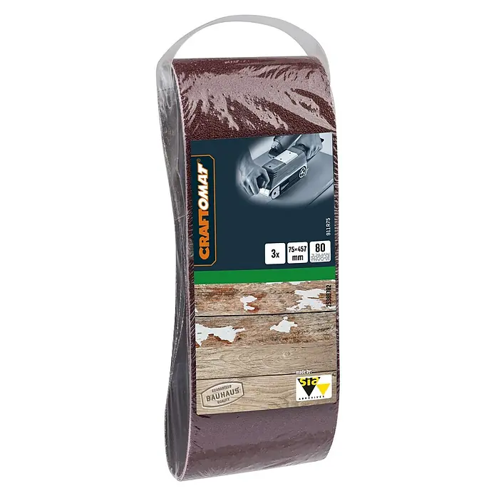 Craftomat Schleifband BFWP - L x B: 457 x 75 mm, Körnung: 80, 3 Stk. - Eine Packung Craftomat Schleifbänder, Körnung 80, in der Größe 75x457 mm, ideal zum Schleifen von Holzoberflächen.