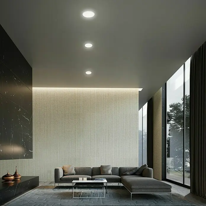 Briloner Foco empotrable Plat - 6 W, Ø x Al: 10 x 3,5 cm, Blanco, Blanco neutro - Salón moderno con focos empotrables que iluminan el espacio, creando un ambiente acogedor. El diseño elegante se integra perfectamente en el techo.