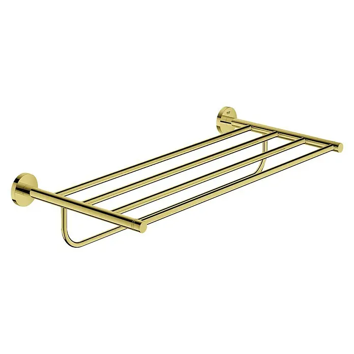 Grohe Essentials Multi-Badetuchhalter - Mit Ablage, Cool Sunrise, Glänzend - Abbildung eines goldenen Handtuchhalters mit drei Stangen und einer Ablage für das Badezimmer.