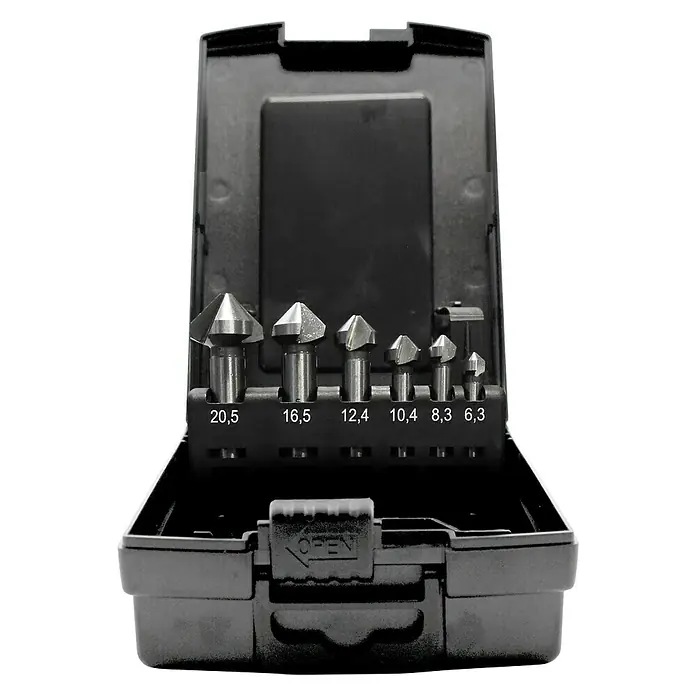 Matador Kegelsenker-Set - Durchmesser: 6,3 mm - 20,5 mm, 6 -tlg. - Satz von Kegelbohrern in einem schwarzen Kunststoffgehäuse, Größen von 6,3 bis 20,5 mm für präzise Senkungen und Entgratungen.