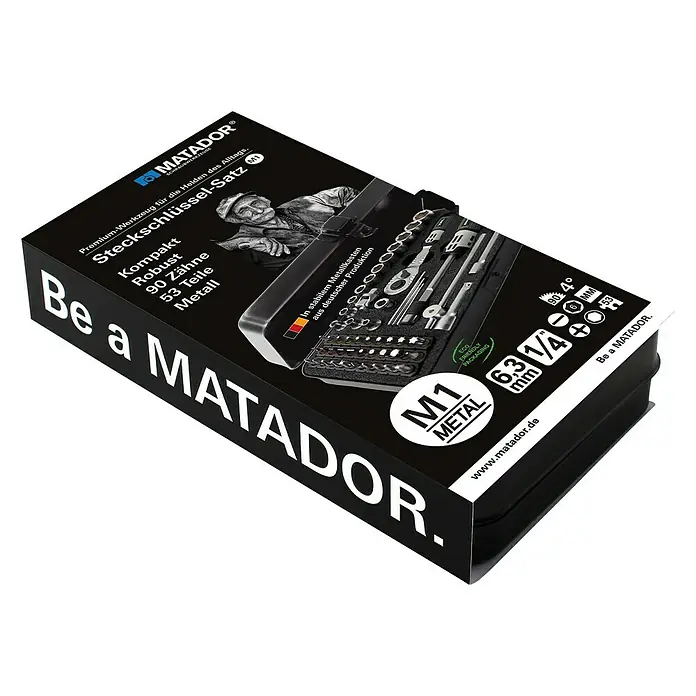 Matador Steckschlüssel-Bit-Satz Metall - 54 -tlg., Antriebsgröße: ¼″ - Matador Steckschlüssel-Satz M1: Premium-Werkzeug für Helden. Kompakt, robust, 90 Zähne, 53 Teile, im stabilen Metallkasten aus deutscher Produktion.