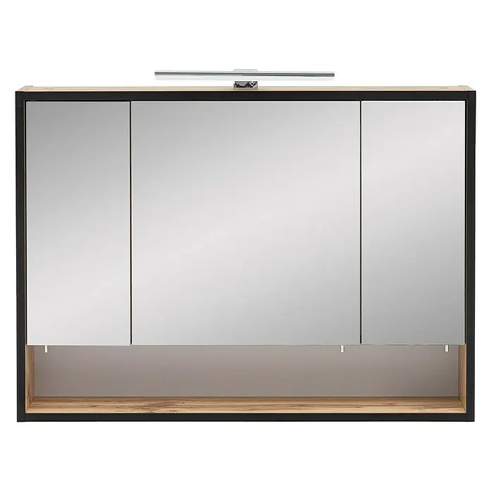 Schildmeyer Max LED-Spiegelschrank - B x H: 80 x 65 cm, Mit Beleuchtung, Holz, Eiche Nachbildung - Schicker Spiegelschrank mit Beleuchtung. Das Badmöbel verfügt über 3 Spiegeltüren und ein offenes Fach. Die Farbkombination ist modern und zeitlos.