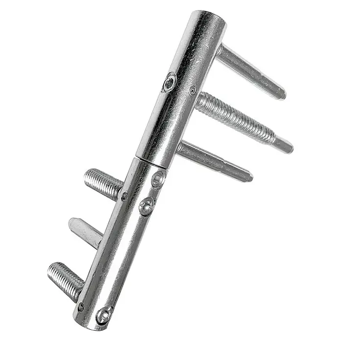 Splendoor Haustür Thermodoor PLUS SP10 - 110 x 210 cm, DIN Anschlag: Links, Anthrazitgrau Feinstruktur - Nahaufnahme einer glänzenden, silberfarbenen chirurgischen Implantatvorrichtung mit Schrauben auf schwarzem Hintergrund.