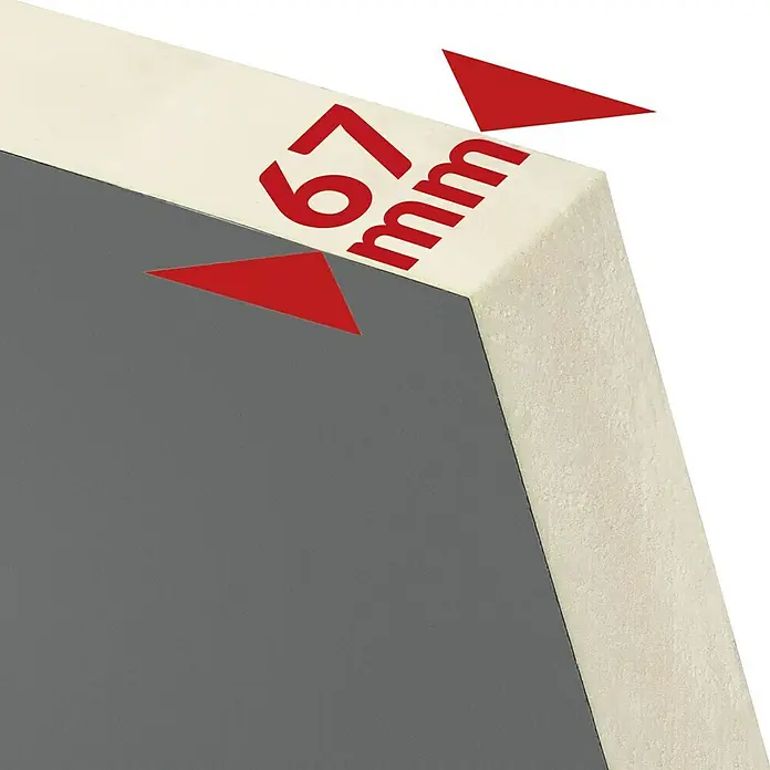 Splendoor Haustür Thermodoor PLUS SP10 - 110 x 210 cm, DIN Anschlag: Links, Anthrazitgrau Feinstruktur - Nahaufnahme eines Produkts mit einer Dicke von 67 mm, hervorgehoben durch rote Pfeile und Text.