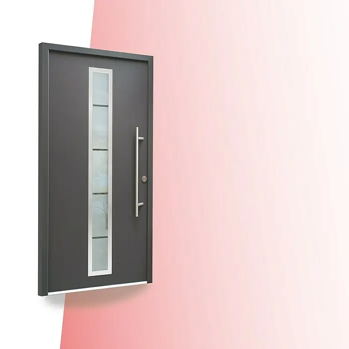 Splendoor Haustür Thermodoor PLUS SP10 - 110 x 210 cm, DIN Anschlag: Links, Anthrazitgrau Feinstruktur - Moderne Haustür in Anthrazit mit langem Griff und schmalem Glaseinsatz für einen stilvollen Eingangsbereich.