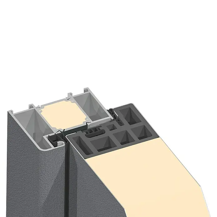 Splendoor Haustür Thermodoor PLUS SP10 - 110 x 210 cm, DIN Anschlag: Rechts, Anthrazitgrau Feinstruktur - Detailaufnahme eines modernen Fensterrahmens im Querschnitt, der die Konstruktion und Dämmung des Profils hervorhebt.