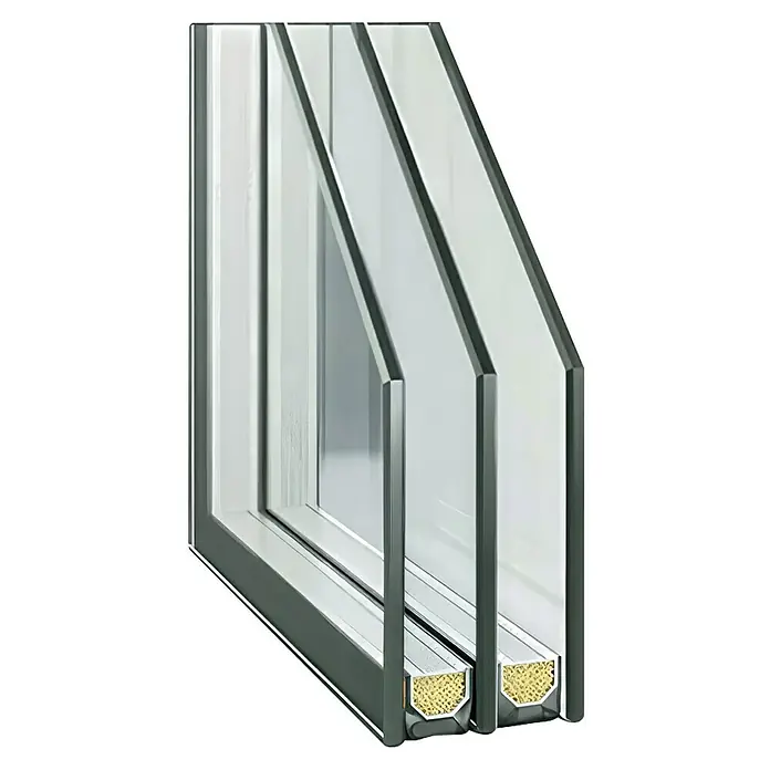 Splendoor Haustür Thermodoor PLUS SP10 - 110 x 210 cm, DIN Anschlag: Rechts, Anthrazitgrau Feinstruktur - Schnittansicht eines dreifach verglasten Fensters mit grauem Rahmen und gelbem Isolationsmaterial.
