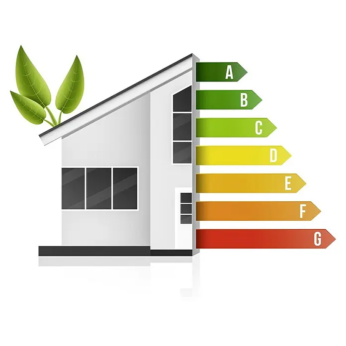 Splendoor Haustür Thermodoor PLUS SP10 - 110 x 210 cm, DIN Anschlag: Links, Anthrazitgrau Feinstruktur - Illustration eines modernen Hauses mit Energieeffizienzskala, die von A bis G reicht, um die Energieeffizienz des Hauses zu bewerten.
