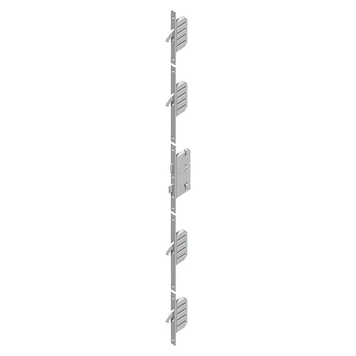 Splendoor Haustür Thermodoor PLUS SP10 - 110 x 210 cm, DIN Anschlag: Links, Anthrazitgrau Feinstruktur - Das Bild zeigt eine Regalträgerleiste. Sie ist mit Halterungen ausgestattet, um Regalböden sicher zu befestigen und zu tragen.