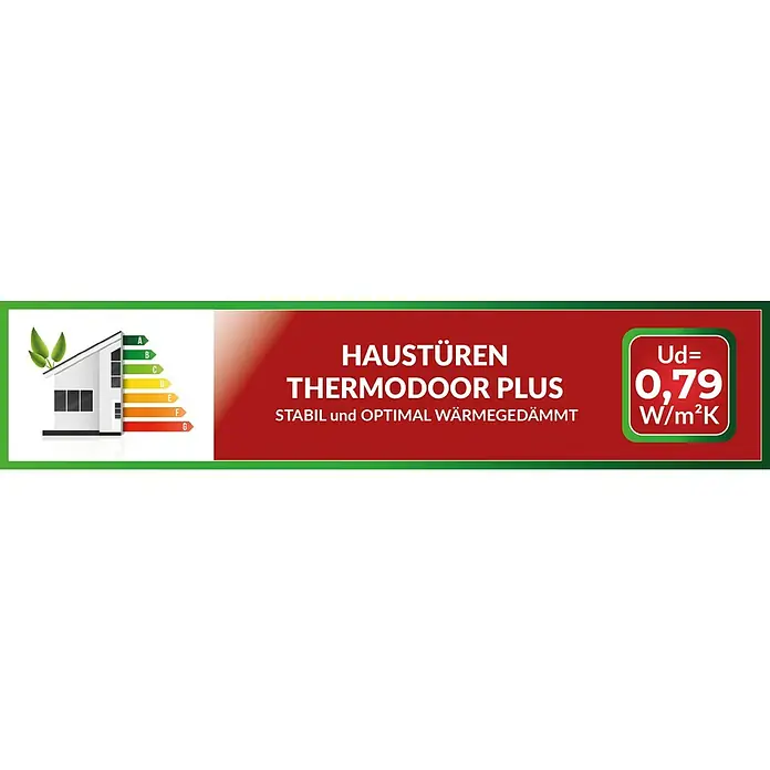 Splendoor Haustür Thermodoor PLUS SP10 - 110 x 210 cm, DIN Anschlag: Links, Anthrazitgrau Feinstruktur - Abbildung einer Haustür ThermoDoor Plus mit Energieeffizienzklasse und Wärmedämmwerten.