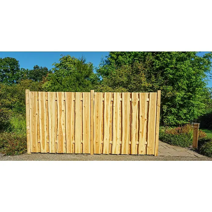 Joda Sichtschutzelement Ponderosa - 180 x 180 cm, Holz, Natur - Nahaufnahme eines rustikalen Holzzauns im Freien, der natürliche Schönheit und Privatsphäre in Ihrem Garten vereint.