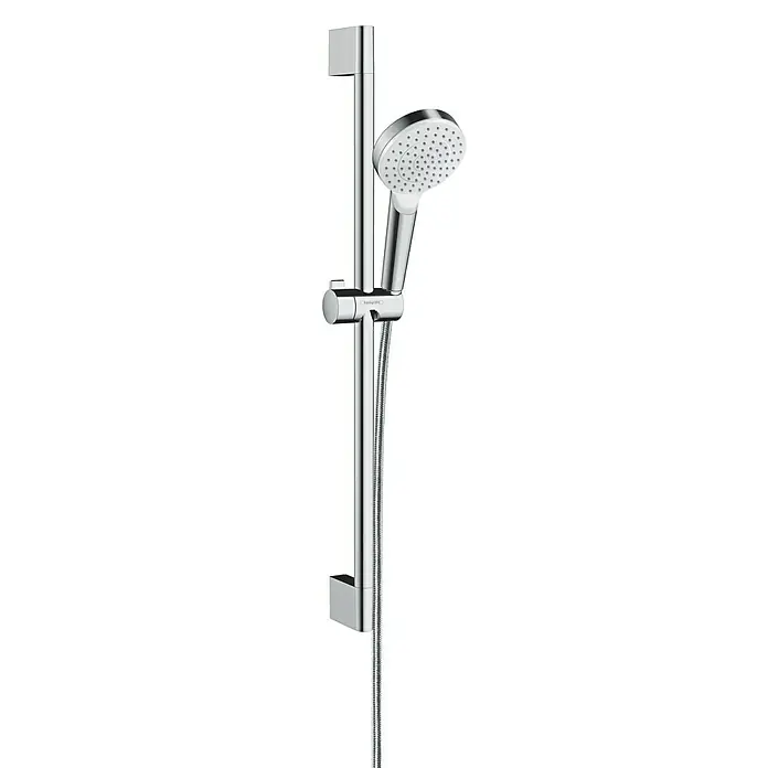 Hansgrohe Crometta Brausegarnitur - Anzahl Strahlarten: 1 Stk., Chrom - Bild einer verstellbaren Handbrause mit Brausestange, ideal für moderne Badezimmer.