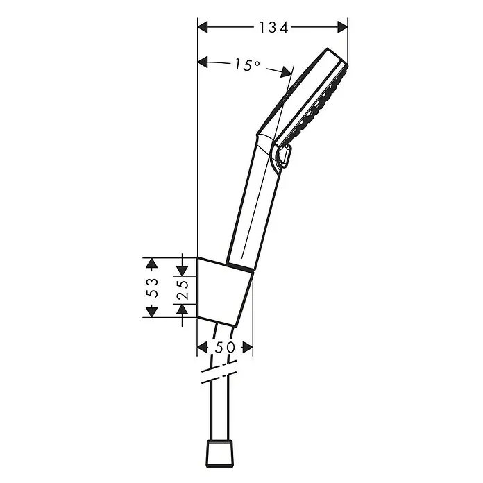 Hansgrohe Crometta Brause-Set Vario - Anzahl Funktionen: 2 Stk., Durchmesser Handbrause: 10 cm, Chrom, Weiß - Technische Zeichnung einer Handbrause mit Maßangaben zu Länge, Winkel und Durchmesser des Duschkopfes.