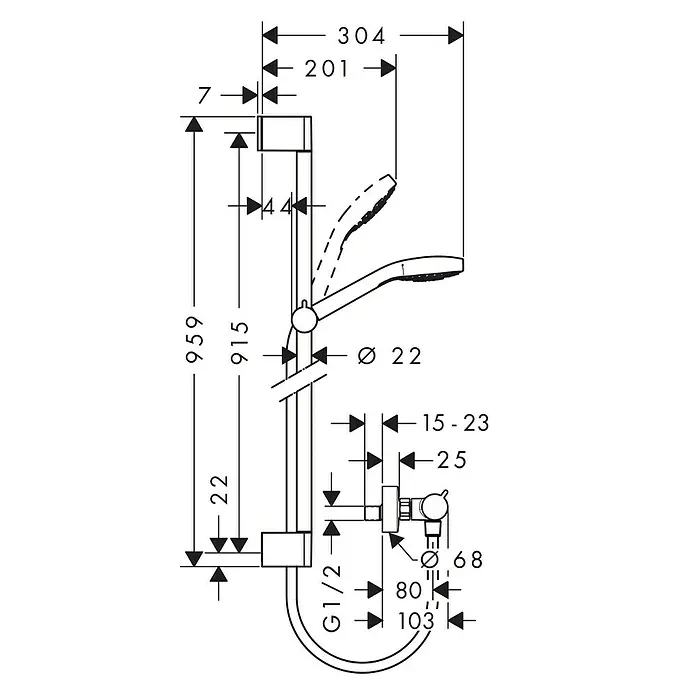 Hansgrohe Croma Select S Brause-Set Croma Select S Vario/Ecostat Comfort - Lochabstand: 91,5 cm, Chrom/Weiß - Detaillierte Zeichnung einer Duschstange mit Maßangaben für die Installation.