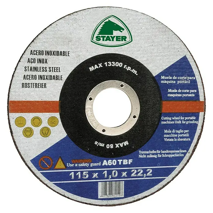 Stayer Disco de corte Extrafino Inox - Ø x Es: 115 x 1,3 mm, Orificio: 22,22 mm - Disco de corte STAYER para acero inoxidable, adecuado para máquinas portátiles con una velocidad máxima de 13300 rpm.
