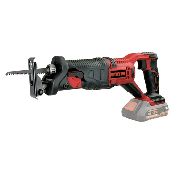 Stayer L20 Sierra de sable de batería SS - 18 V, Sin batería, 2.600 r.p.m. - En la imagen, una sierra de vaivén Stayer, una herramienta eléctrica versátil diseñada para cortar diversos materiales. Ideal para la construcción y la demolición.
