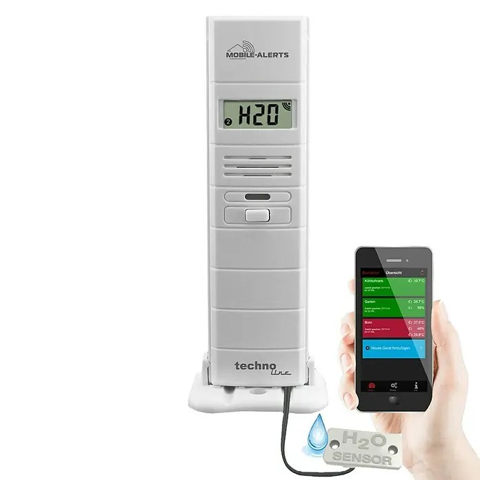 Mobile-Alerts Wassersensor MA10350 - Batteriebetrieben, Digitale Messanzeige, Weiß, 2,1 x 3,8 x 12,8 cm - Das Techno Line Mobile-Alerts-System mit H2O-Sensor und Smartphone-Integration zur Überwachung von Feuchtigkeit und Temperatur.