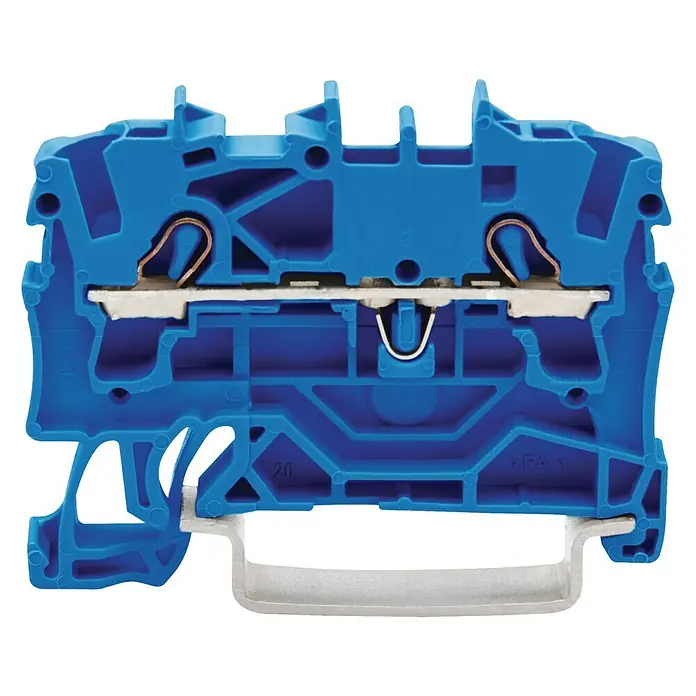 Wago Topjob Reihenklemme S 2002-1204 - Anzahl Leiter: 2 Stk., 2,5 mm², Blau, 1 Stk. - Blauer Reihenklemmenblock, Querschnittsansicht. Ideal für den Einsatz in der Elektrotechnik zur sicheren Verbindung von Leitern.