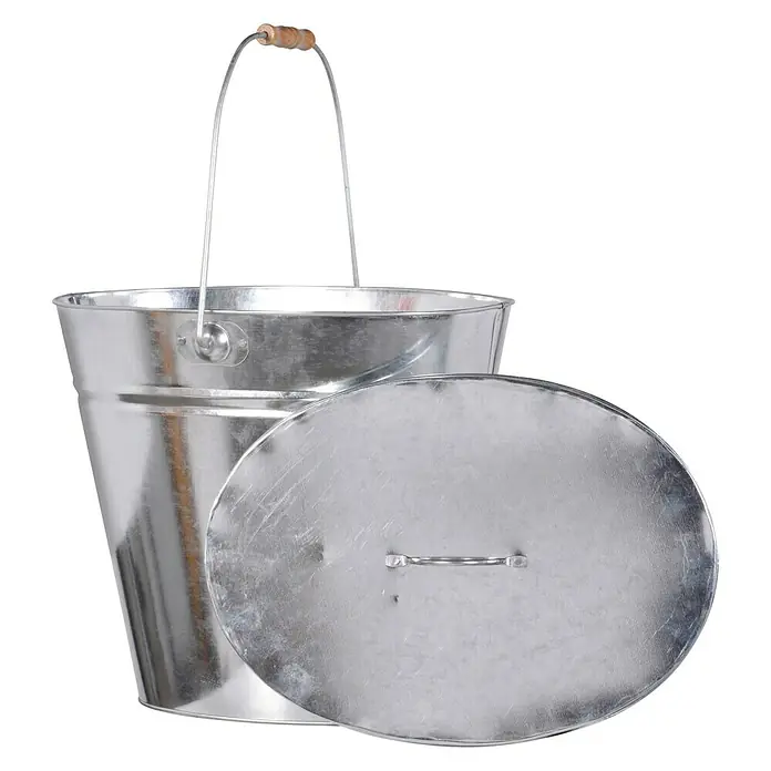 Ascheeimer - 24 l, Verzinkt - Metallener Eimer mit Deckel und Holzgriff am Henkel, ideal für den Transport verschiedener Materialien.