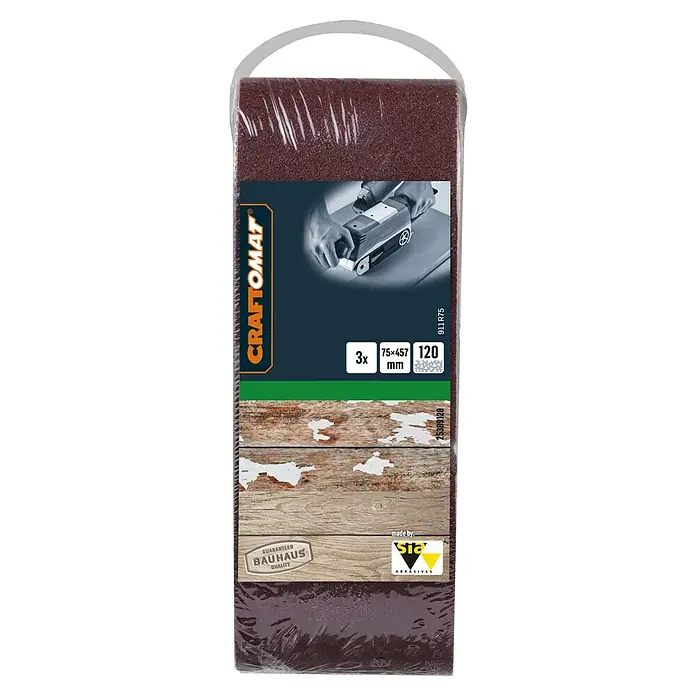 Craftomat Schleifband BFWP - L x B: 457 x 75 mm, Körnung: 120, 3 Stk. - Produktbild von CRAFTOMAT Schleifbänder für Bandschleifer, 3 Stück mit den Maßen 75x457mm und einer Körnung von 120, verpackt.