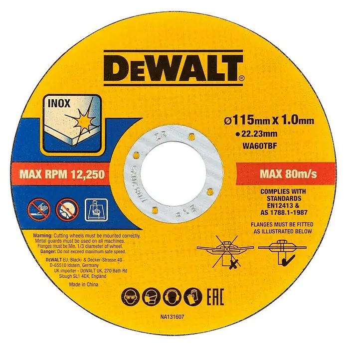 DeWalt Disco de corte DT20597-QZ - Ø x Es: 115 x 1 mm, Orificio: 22,23 mm - Imagen del disco de corte DeWalt, Ø115mm x 1.0mm, apto para INOX, con máx. 12.250 RPM y 80m/s.