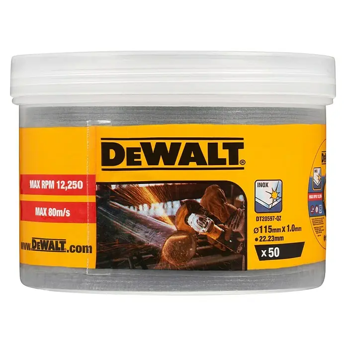 DeWalt Disco de corte DT20597-QZ - Ø x Es: 115 x 1 mm, Orificio: 22,23 mm - Este es un bote de discos de corte DeWalt, ideales para cortar metales con una velocidad máxima de 12 250 RPM.