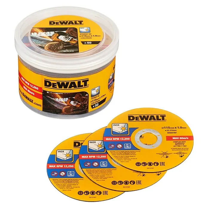 DeWalt Disco de corte DT20597-QZ - Ø x Es: 115 x 1 mm, Orificio: 22,23 mm - Juego de discos de corte DeWalt: 50 unidades, 115mm x 1.0mm, diseñados para el trabajo del metal. Ideal para cortes precisos y durabilidad.