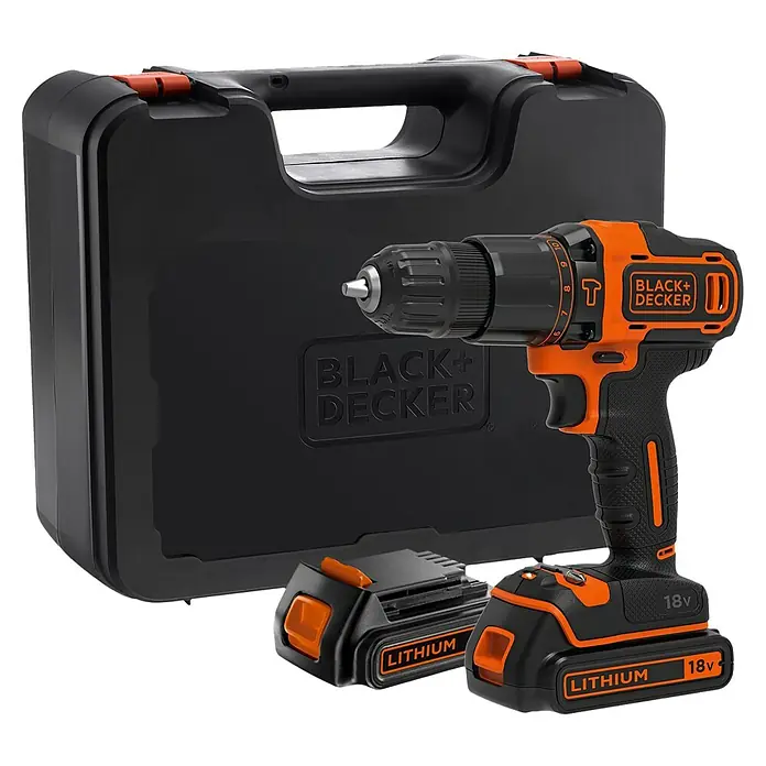 Black+Decker Taladro atornillador percutor de batería BDCHD18KB2 - 18 V, 2 baterías, 2 Ah, 40 Nm - Taladro inalámbrico Black+Decker con dos baterías de litio de 18V y un práctico maletín para un transporte fácil y seguro.