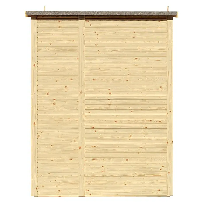Bertilo Gerätehaus Apex 2 - Außenmaß inkl. Dachüberstand (B x T): 226 x 169 cm, Holz, Natur - Das Bild zeigt die Rückseite eines Holzschuppens, gefertigt aus hellem, unbehandeltem Holz mit einer grauen Oberkante. Die Holzmaserung ist deutlich sichtbar.
