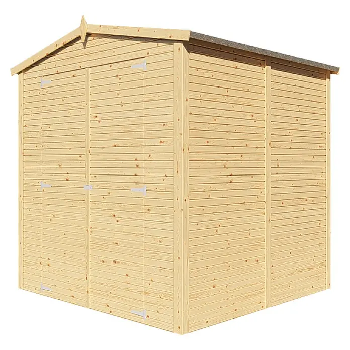 Bertilo Gerätehaus Apex 3 - Außenmaß inkl. Dachüberstand (B x T): 226 x 210 cm, Holz, Natur - Abbildung eines Gartenhauses aus hellem Holz mit Doppeltür und Giebeldach, ideal für die Gartenaufbewahrung.