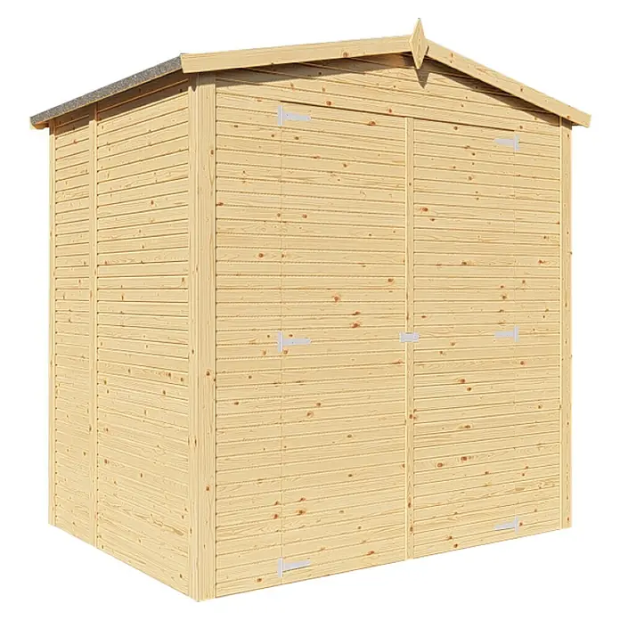 Bertilo Gerätehaus Apex 2 - Außenmaß inkl. Dachüberstand (B x T): 226 x 169 cm, Holz, Natur - Ein geräumiges Gartenhaus aus Holz mit Doppeltüren und einem Satteldach bietet viel Stauraum für Werkzeuge und Gartengeräte.