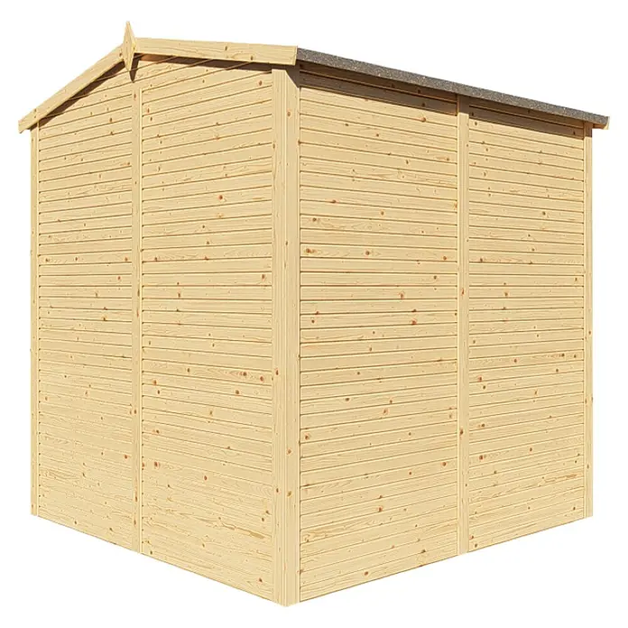 Bertilo Gerätehaus Apex 3 - Außenmaß inkl. Dachüberstand (B x T): 226 x 210 cm, Holz, Natur - Detailansicht eines Holzgartenhauses mit horizontaler Verkleidung, das die natürliche Holzstruktur und die Bauweise hervorhebt.