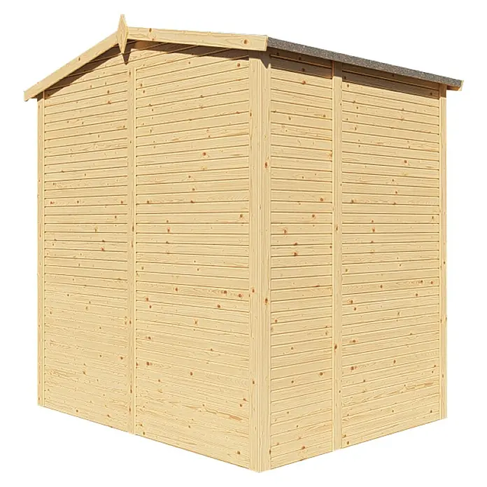 Bertilo Gerätehaus Apex 2 - Außenmaß inkl. Dachüberstand (B x T): 226 x 169 cm, Holz, Natur - Außenansicht eines Holzgartenschuppens mit Satteldach, der eine praktische und optisch ansprechende Aufbewahrungslösung für den Garten bietet.
