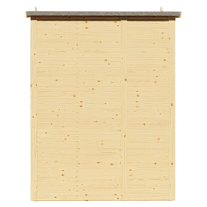 Bertilo Gerätehaus Apex 2 - Außenmaß inkl. Dachüberstand (B x T): 226 x 169 cm, Holz, Natur - Ansicht einer Holzwand mit horizontalen Brettern und zwei vertikalen Stützen, ideal für den Gartenhaus- oder Schuppenbau.